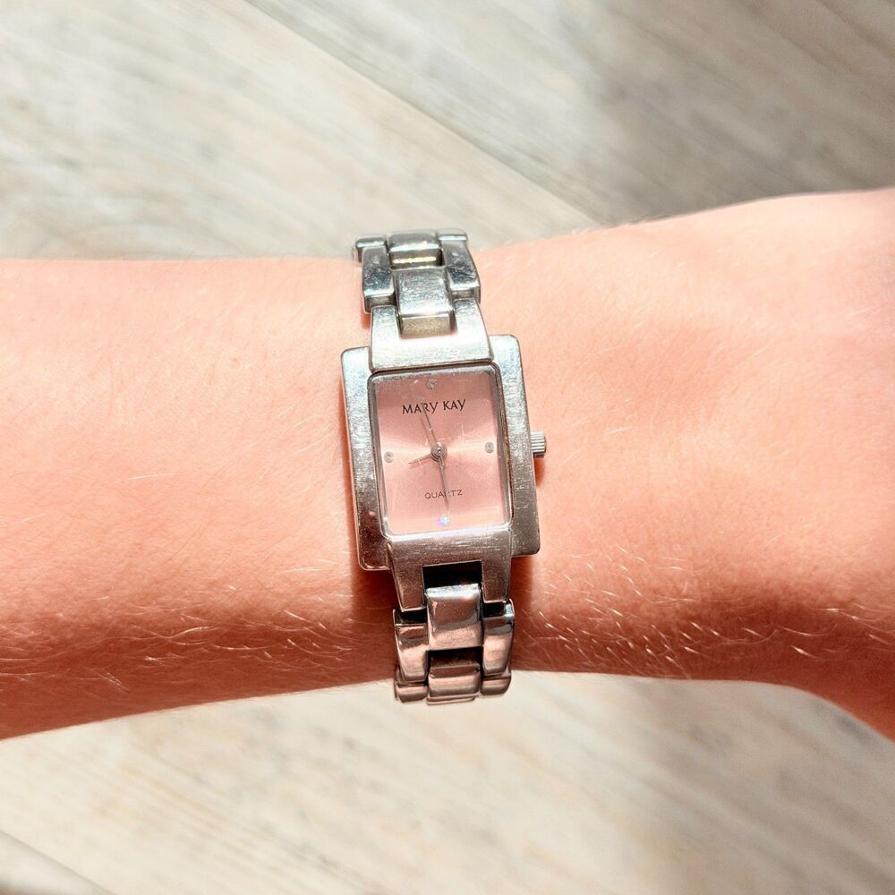 Vintage Mary Kay Pink Dial Silver Tone Rectangle Watch Y2K Rhinestone Watch